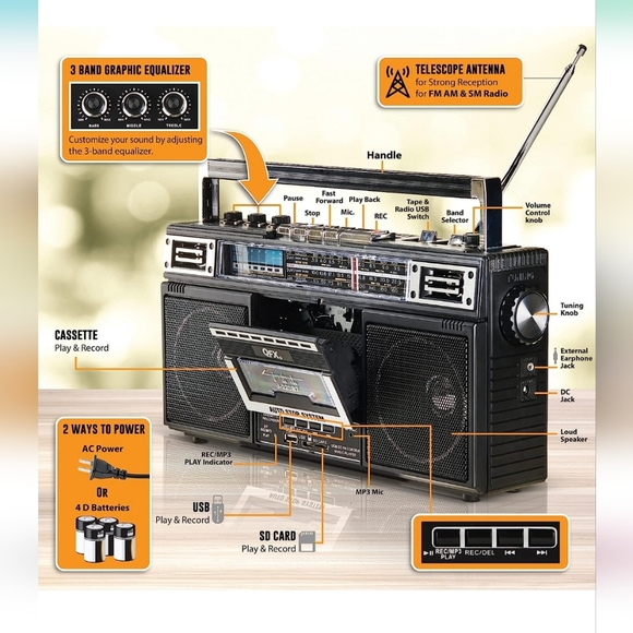 QFX J220 BT Rechargeable Boombox MP3 Conversion from Radio to Cassette/ Bluetoot - Picture 4 of 6